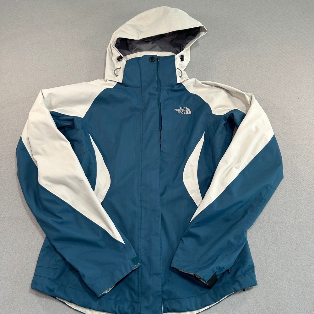 The North Face HyVent Rain Jacket Womens XS Teal White Colorblock Hooded Shell
